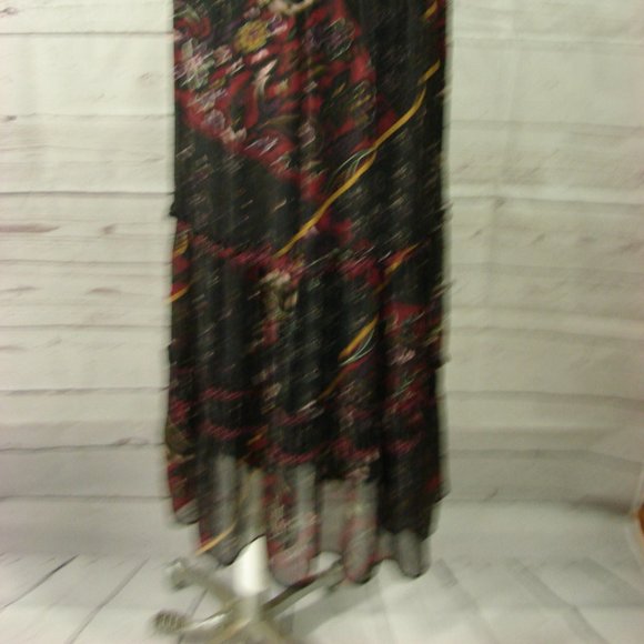 Black Deep Red Yellow Floral Flowing Layered Skirt - Picture 4 of 16